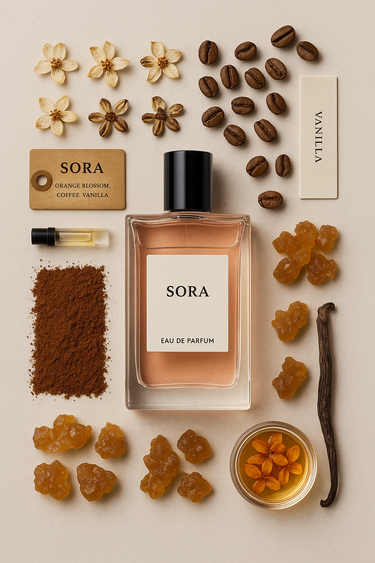 Sora by The Perfume Stash London, a luxury unisex perfume with orange blossom, coffee, and vanilla for a warm, elegant, and long lasting fragrance.